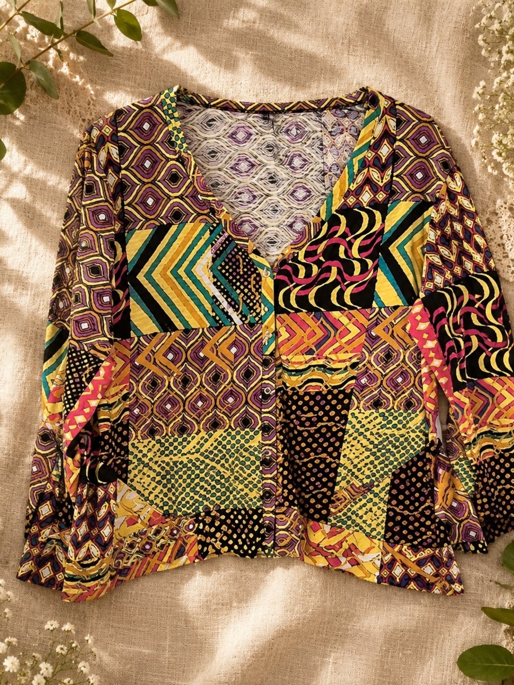 Onque Casuals Women's Boho Patchwork Print Cotton Button Front Blouse 22 PTP